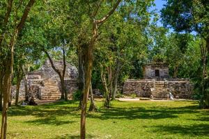 Mayan ruins in shadow of trees in jungle tropical forest Playa del Carmen, Riviera Maya, Yu atan, Mexico photo