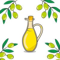 Glass Bottle with Extra Virgin Olive Oil and Olive Branch with Olives vector