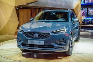 FRANKFURT, GERMANY - SEPT 2019 blue grau SEAT TARRACO is a mid-size crossover SUV J-segment. It is based on the Volkswagen Group's MQB-A2 platform, thus closely related to the Volkswagen Tiguan Allspa photo