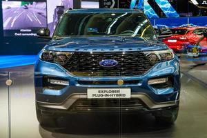 FRANKFURT, GERMANY - SEPT 2019 blue FORD EXPLORER plug-in-hybrid SUV, IAA International Motor Show Auto Exhibtion photo