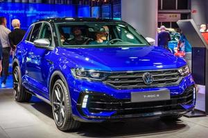 FRANKFURT, GERMANY - SEPT 2019 blue VOLKSWAGEN VW T-ROC R electric SUV car, IAA International Motor Show Auto Exhibtion photo