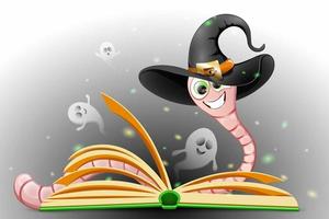 Lindo ratón de biblioteca divertido de dibujos animados con sombrero de bruja leyendo un libro mágico con fantasmas voladores. concepto de halloween vector