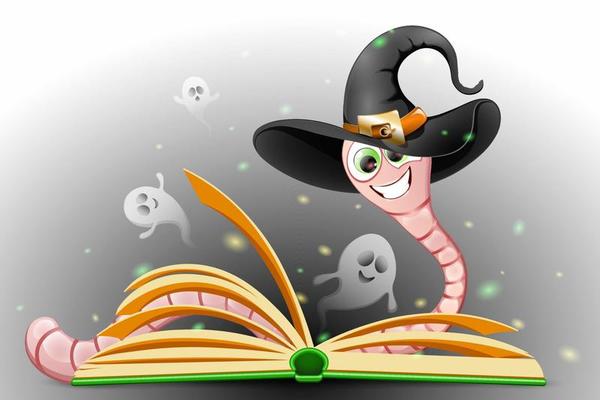 Cute cartoon Funny bookworm in Witch hat reading magic book with flying ghosts. Halloween concept