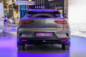 FRANKFURT, GERMANY - SEPT 2019 silver gray JAGUAR I-SPACE is a battery-electric crossover SUV produced by British automotive company Jaguar Land Rover JLR, IAA International Motor Show Auto Exhibtion photo