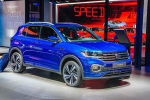 FRANKFURT, GERMANY - SEPT 2019 blue VOLKSWAGEN VW T-CROSS subcompact crossover SUV is based on the MQB platform and is the smallest SUV from VW, IAA International Motor Show Auto Exhibtion photo