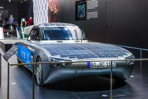 FRANKFURT, GERMANY - SEPT 2019 SolarCar Thyssenkrupp BLUE.CRUISER from Bochum University of Applied Science, IAA International Motor Show Auto Exhibtion photo