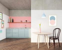 Minimalist kitchen room with blue pastel cabinets and pink pastel wall, wood table set and wood floor.3d rendering photo