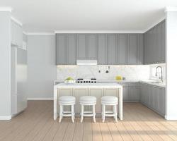 Kitchen room with bar counter and built in cabinet Light gray and white tones in decorative design.3d rendering photo