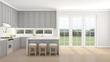 Kitchen room with bar counter and built in cabinet Light gray and white tones in decorative design.3d rendering photo