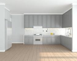 cocina con armario empotrado en tonos gris claro y blanco en diseño decorativo.representación 3d foto