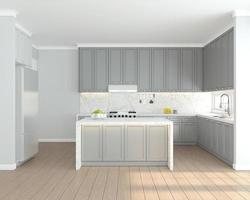 Kitchen room with bar counter and built in cabinet Light gray and white tones in decorative design.3d rendering photo