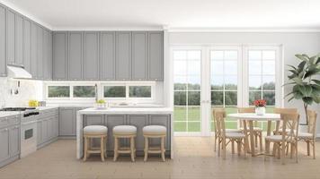 Kitchen room with bar counter and dining table Light gray and white tones in decorative design.3d rendering photo