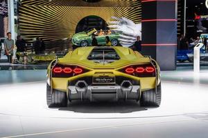 FRANKFURT, GERMANY - SEPT 2019 yellow golden LAMBORGHINI SIAN FKP 37 is a mid-engine hybrid sports car. It is the first hybrid production vehicle produced by the brand, IAA International Motor Show Au photo