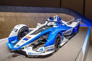 FRANKFURT, GERMANY - SEPT 2019 white blue BMW iFE.18 FORMULA E racing electric car, IAA International Motor Show Auto Exhibtion photo