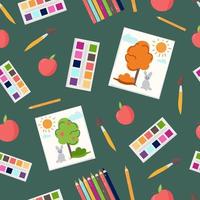 patrón escolar con elementos de papelería, creatividad infantil, dibujo y pinturas