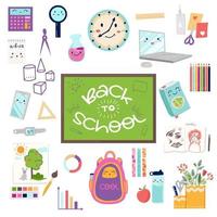 School set with elements of stationery, book, backpack, school items. flat design style vector illustration.