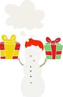 cartoon snowman with present and thought bubble in retro style vector