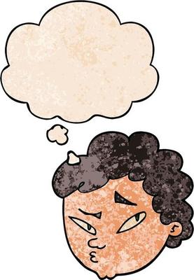 cartoon suspicious man and thought bubble in grunge texture pattern style