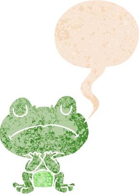 cartoon frog and speech bubble in retro textured style