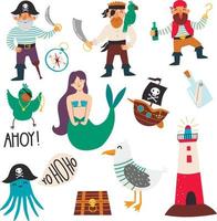 Set of pirates, mermaid, sailling ship, treasure chest, lighthouse, octupus, parrot and seagull. Vector childish illustration