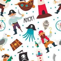 Seamless childish pattern with cute pirates, octopus, ship and lighthouse. Vector illustration
