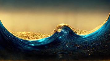 Blue wave with gold sparkles in a gold ring. Beautiful sea background. Water and gold. Hi tech. AI. photo