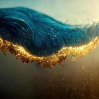Blue wave with gold sparkles in a gold ring. Beautiful sea background. Water and gold. Hi tech. AI. photo
