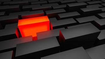 Black Cubes and red glowing  cube on black background , clean design, 3D Illustration. photo