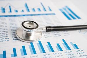 Stethoscope on charts and graphs spreadsheet paper, Finance, Account, Statistics, Investment, Analytic research data economy and Business company concept. photo