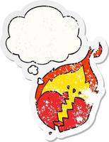 cartoon flaming heart and thought bubble as a distressed worn sticker vector