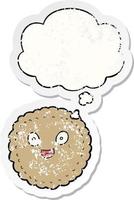 cartoon biscuit and thought bubble as a distressed worn sticker vector