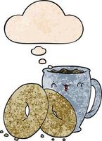 cartoon coffee and donuts and thought bubble in grunge texture pattern style vector