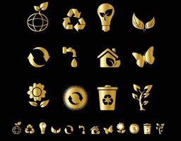 los iconos ecológicos dorados se aíslan sobre fondo negro vector