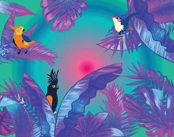 Background, wallpaper, cover with tropical plants, flowers and birds in neon vector