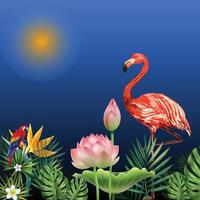 pájaro flamenco y fondo de flores de loto tropical vector