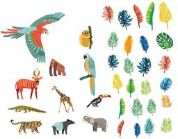 jungle set isolated icons with exotic birds wild animals with tropical plants trees vector