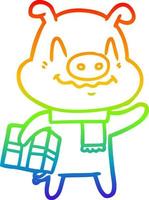 rainbow gradient line drawing nervous cartoon pig with present vector