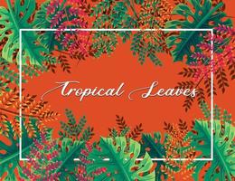 Bright orange background with tropical leaves vector