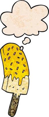 cartoon ice cream lolly and thought bubble in grunge texture pattern style