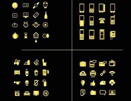 Gold clock, computer, cinema social media icons vector