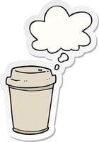 cartoon takeout coffee cup and thought bubble as a printed sticker vector