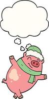 cartoon pig wearing christmas hat and thought bubble
