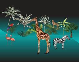 Tropical background with palm trees leaves leopard zebra giraffe parrot flamingo vector