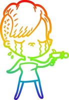 rainbow gradient line drawing cartoon crying girl pointing ray gun vector