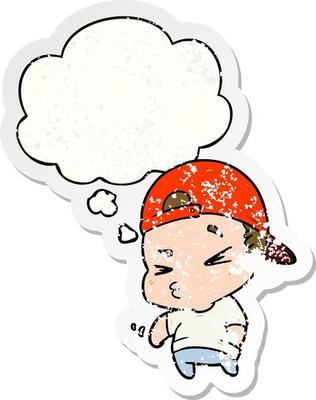 cartoon cool kid and thought bubble as a distressed worn sticker