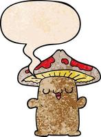 cartoon mushroom creature and speech bubble in retro texture style vector