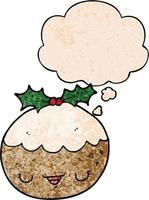 cute cartoon christmas pudding and thought bubble in grunge texture pattern style vector