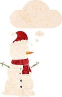 cartoon snowman and thought bubble in retro textured style vector