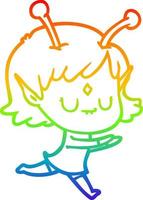 rainbow gradient line drawing cartoon alien girl vector