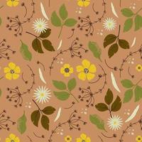 Floral pattern with wildflowers and leaves in autumn colors. Vector illustration in hand drawn style
